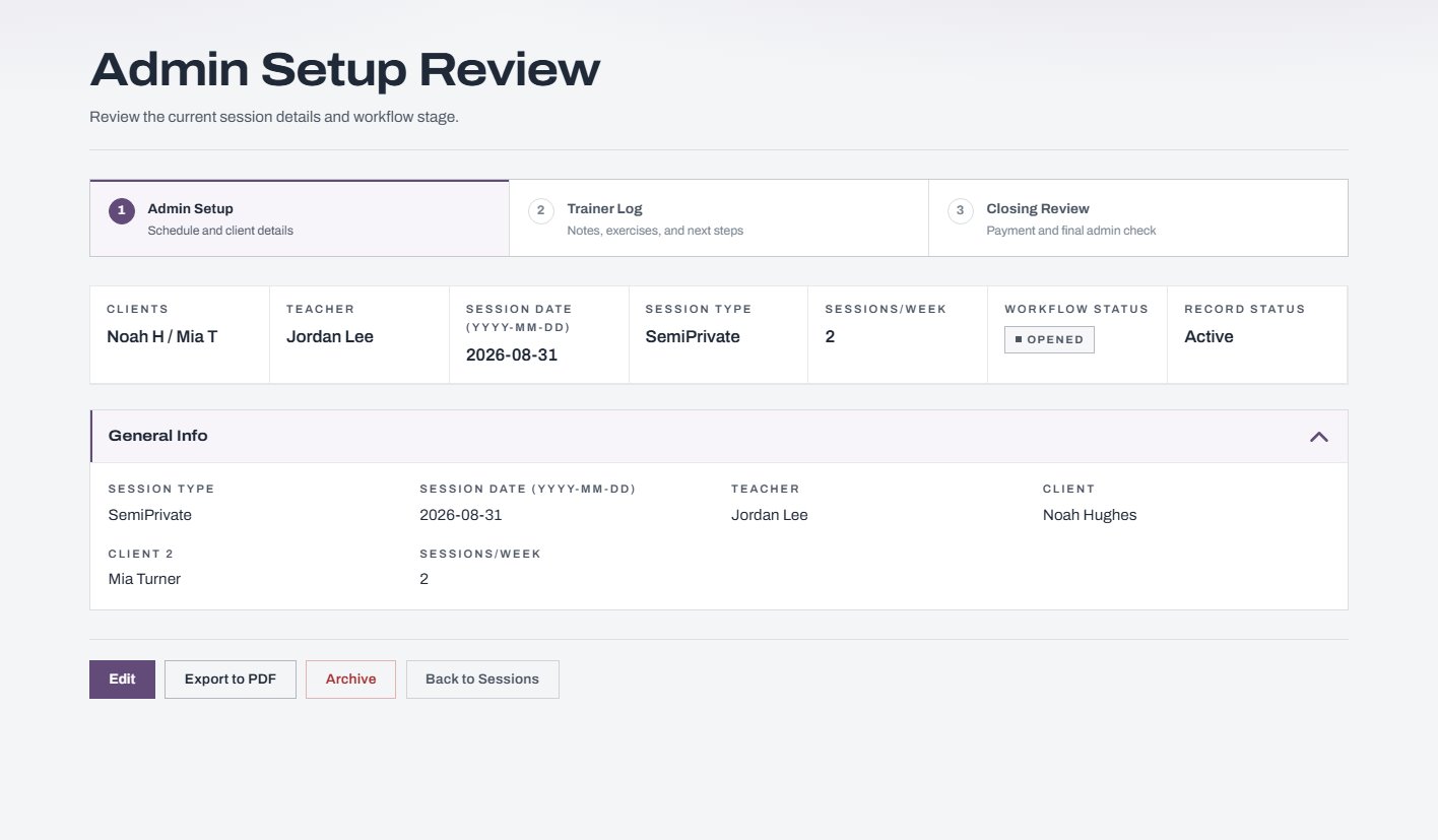 Admin Setup Review, showing the session details and its workflow stage.