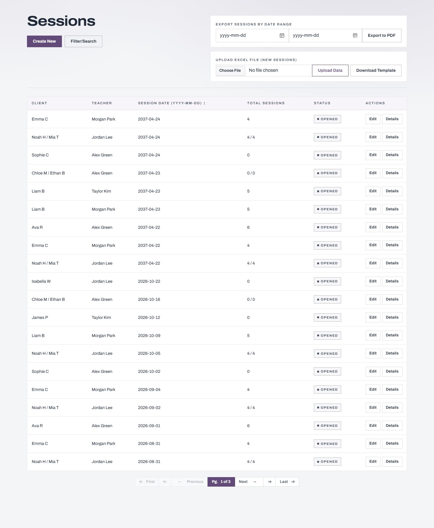 Sessions list with export and bulk upload.