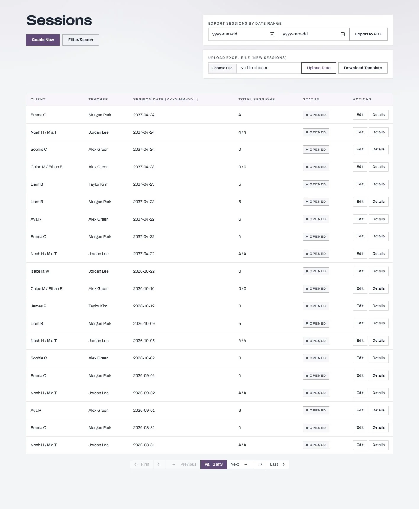 Sessions list with export and bulk upload.